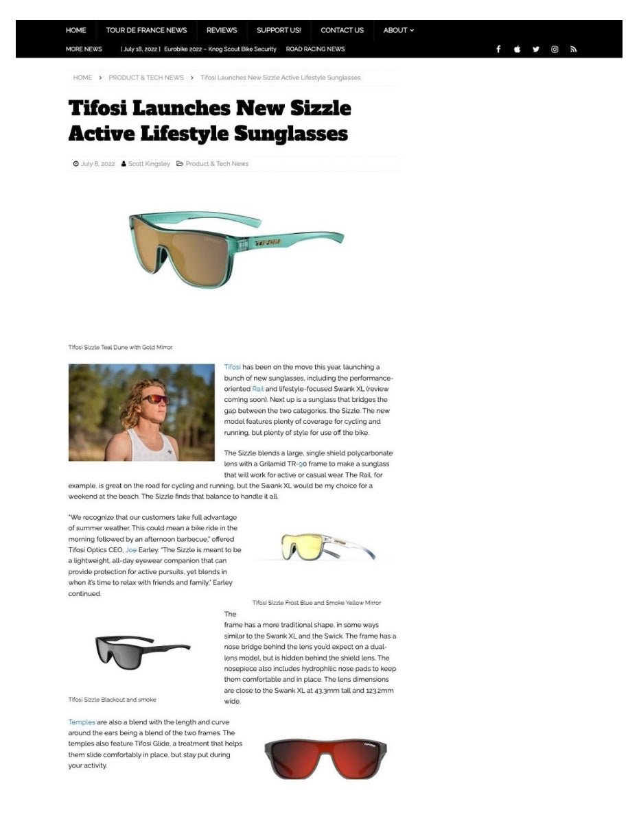 Tifosi Sizzle Sunglasses New Product Release - Bike World News July 2022