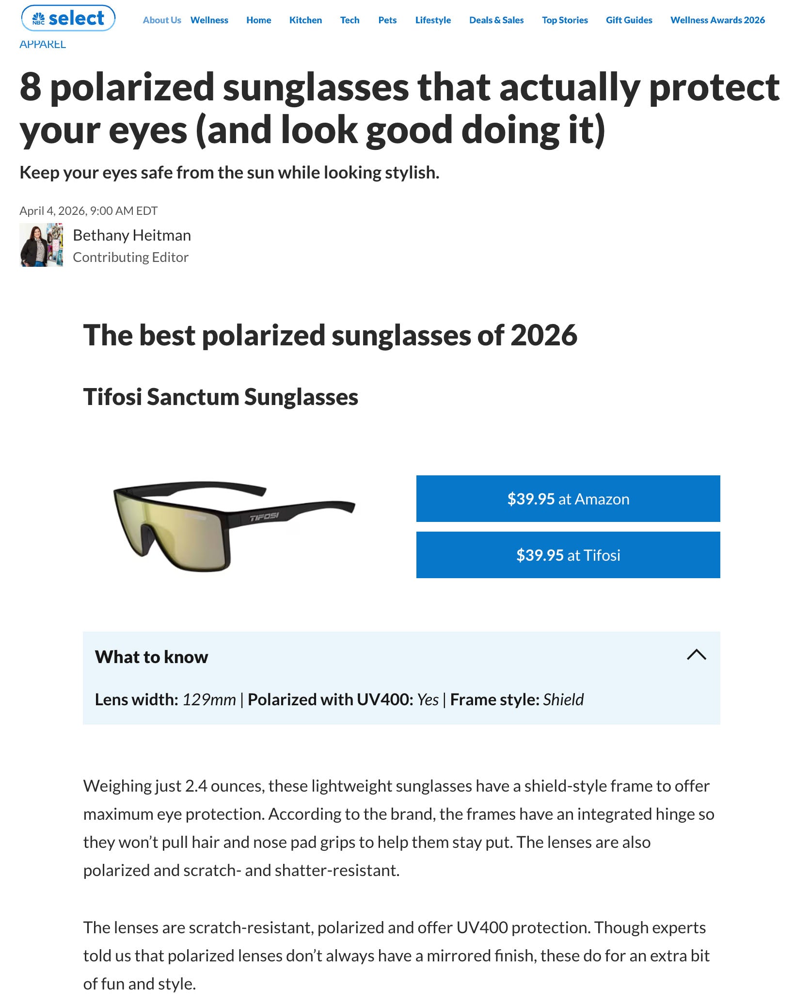 NBC Select Includes Tifosi Sanctum in Its Best Polarized Sunglasses of 2026 List