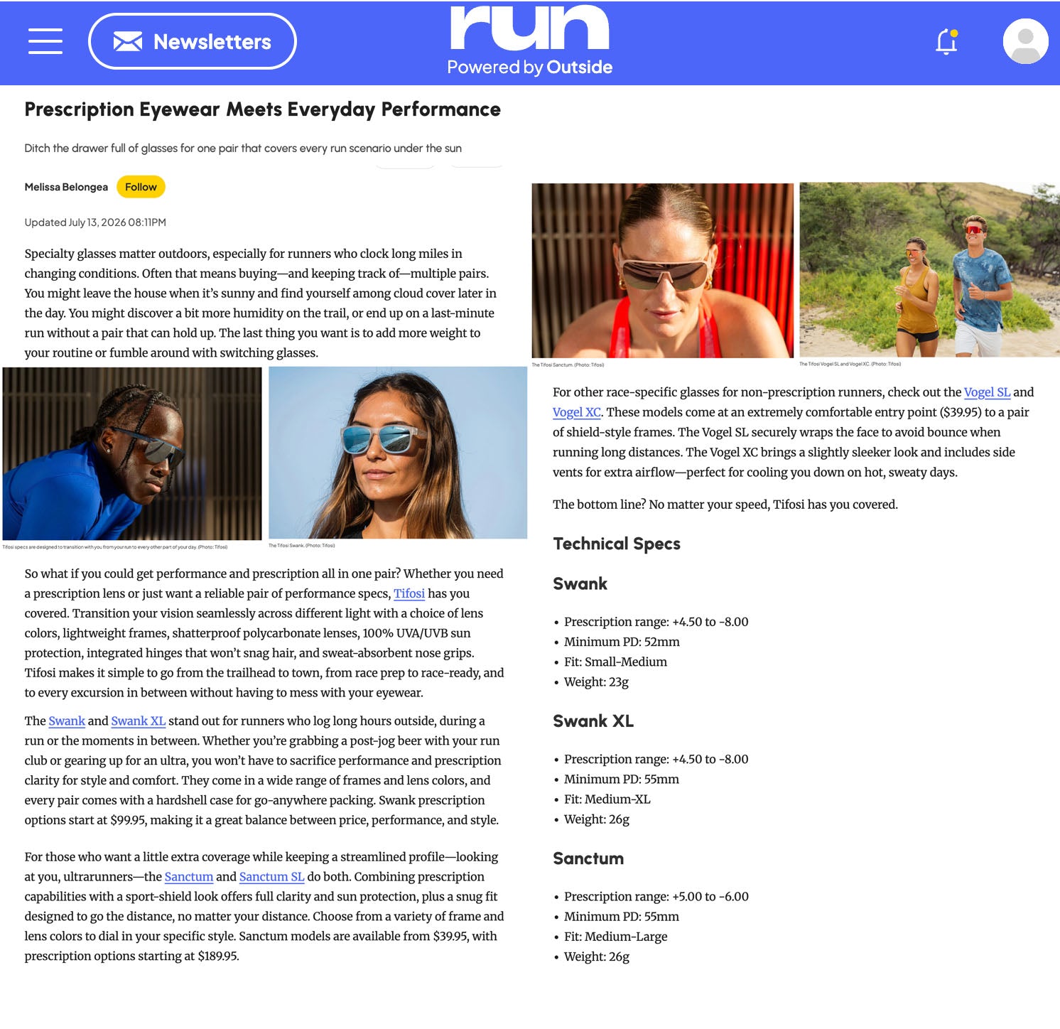 Run Powered by Outside Highlights Tifosi Prescription Eyewear for Everyday Performance