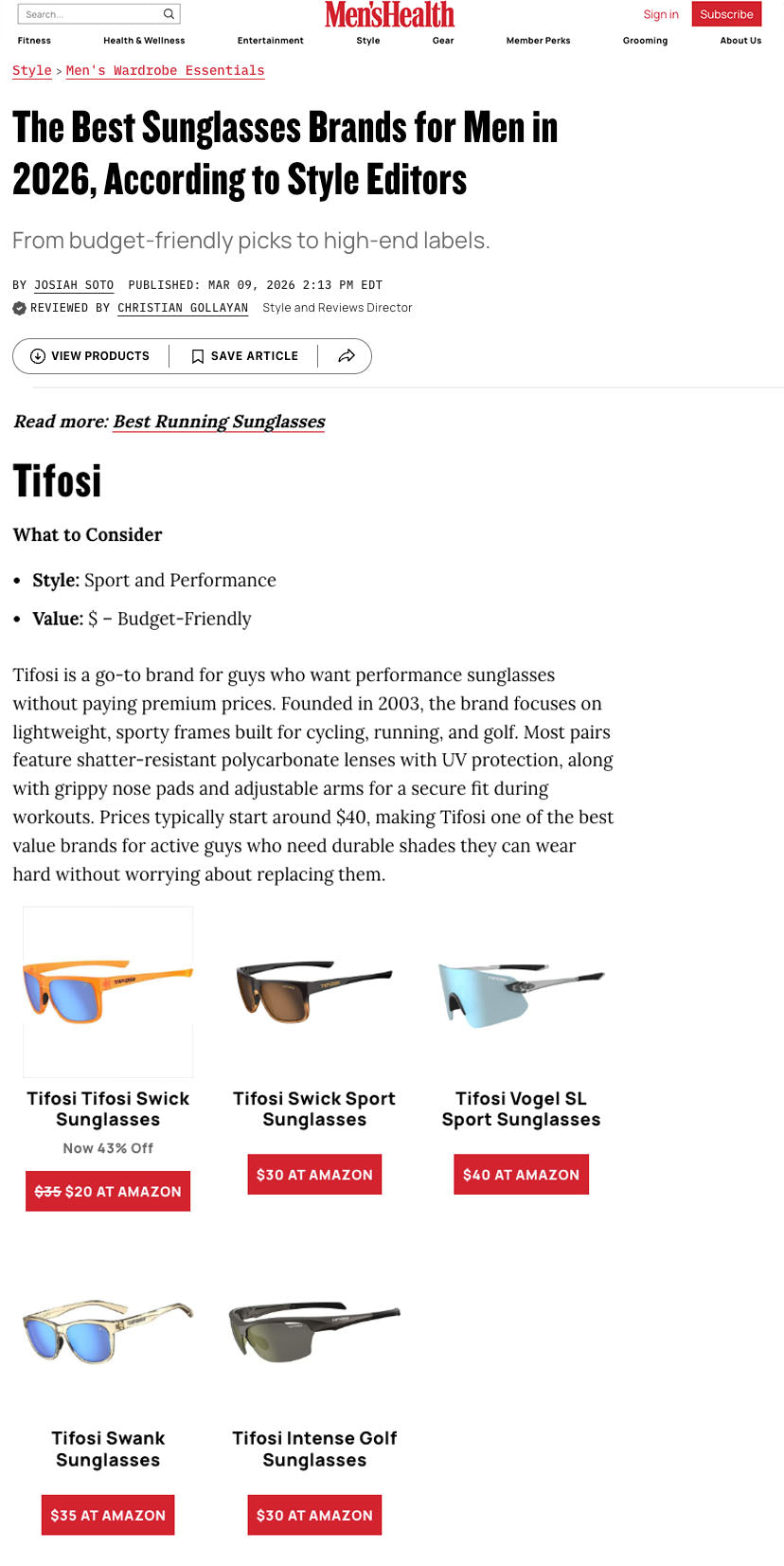 Men’s Health Spotlights Tifosi as a Value Driven Sunglasses Brand for Men in 2026
