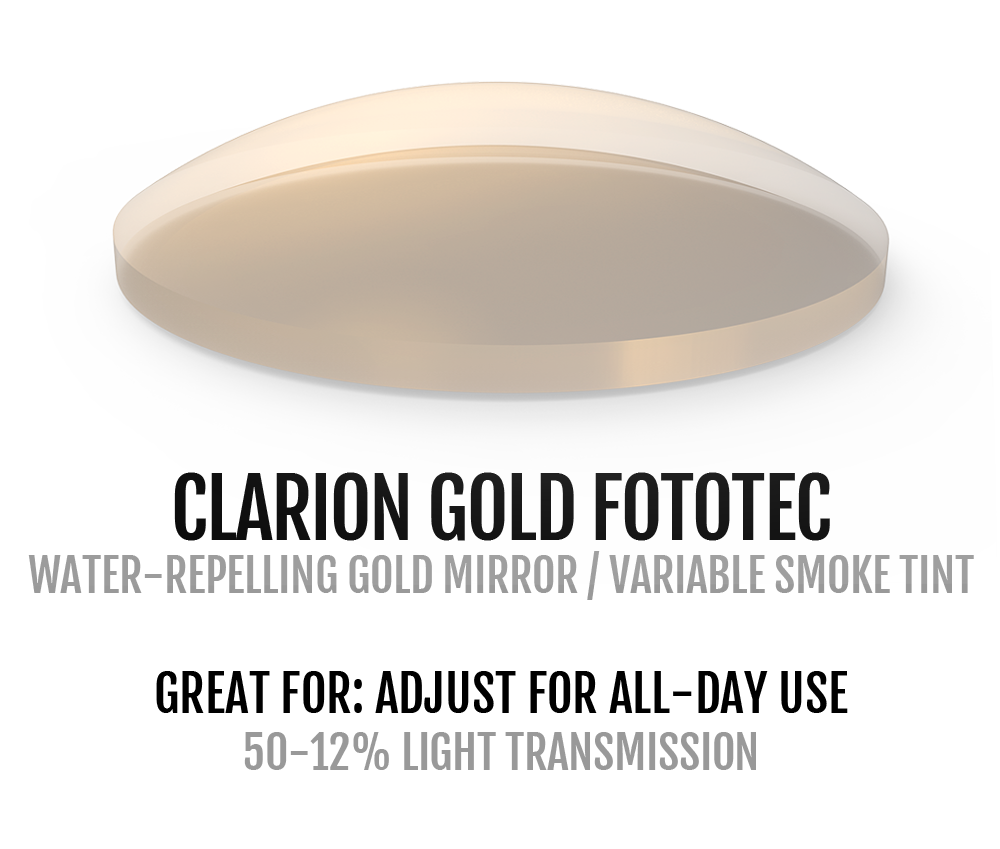Clarion Gold Fototec water-repellent gold mirror with text on a white background