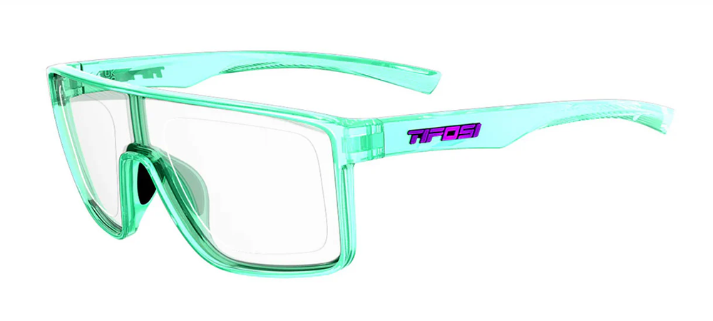 Sanctum style glasses with Aqua Shimmer frame and clear lens