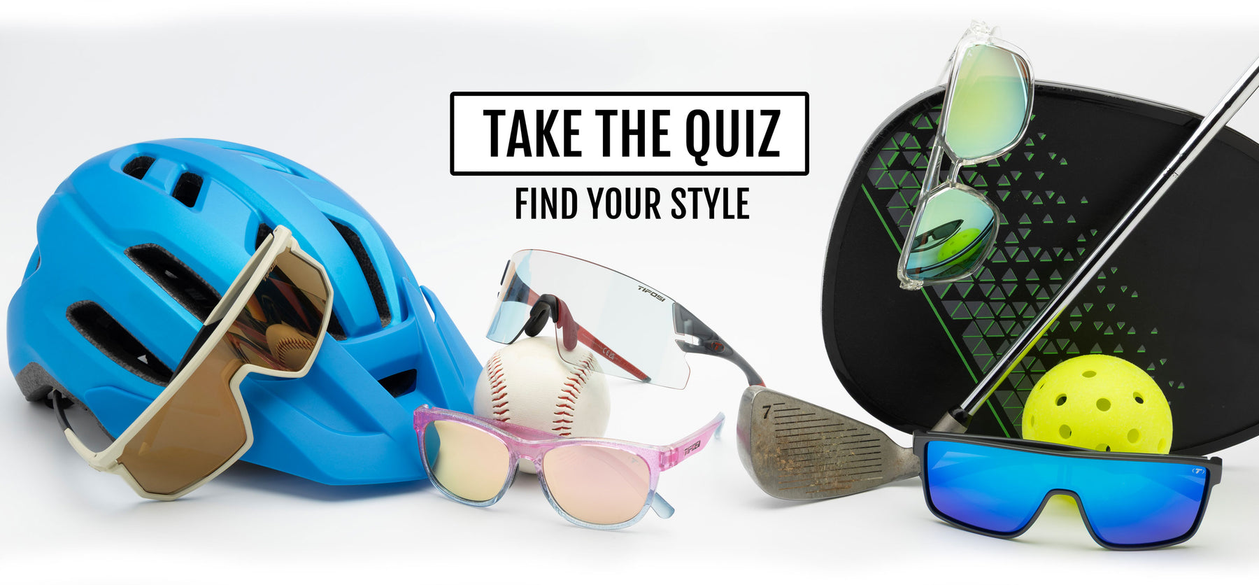 Sunglasses with various accessories on a white background.