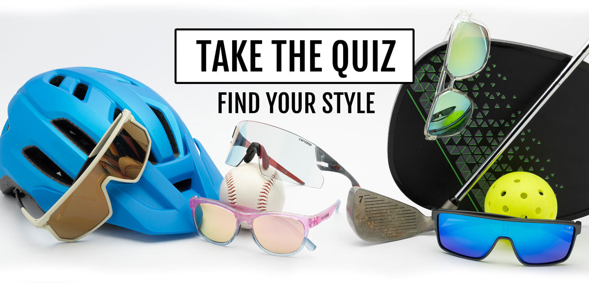 Collection of sports accessories including a blue helmet, sunglasses, and golf equipment with a quiz promotion.