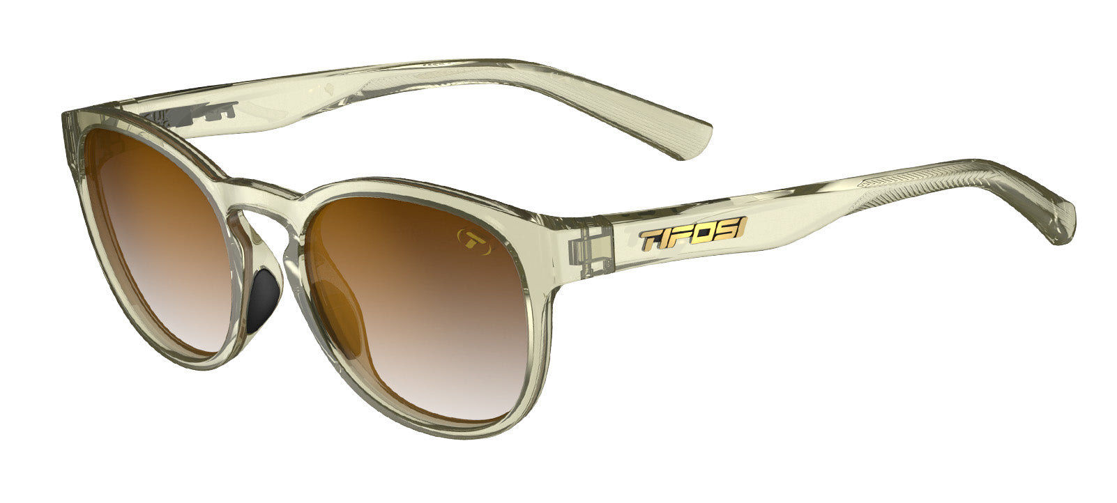 Sunglasses with beige frame and brown gradient lenses on a white background