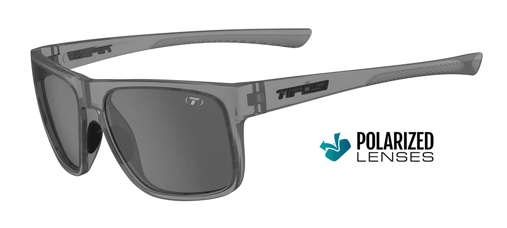 Gray sunglasses with 'Tifosi' branding and 'Polarized Lenses' label on a white background