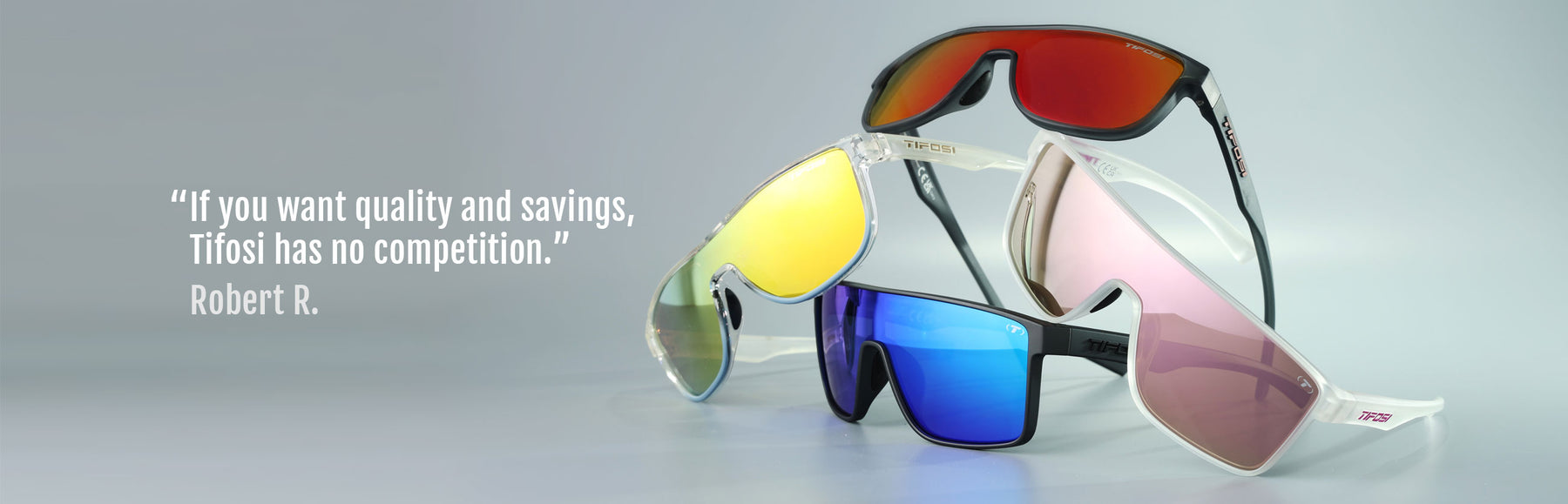 Quote from customer next to a stacked pile of four different sunglasses