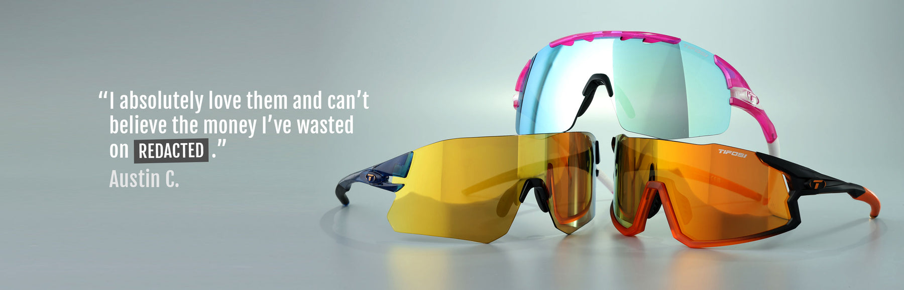 Quote from customer next to a stacked pile of a three different sunglasses