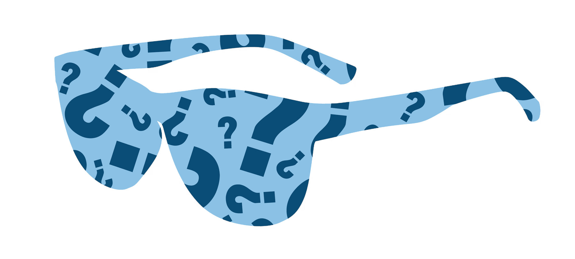 Blue sunglasses with question mark pattern on a white background
