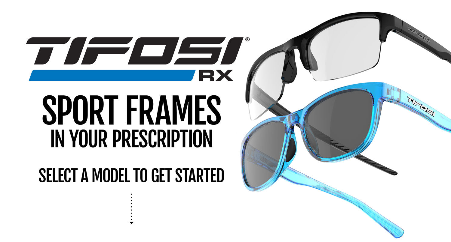 Tifosi RX eyewear advertisement with two pairs of sunglasses on a white background.