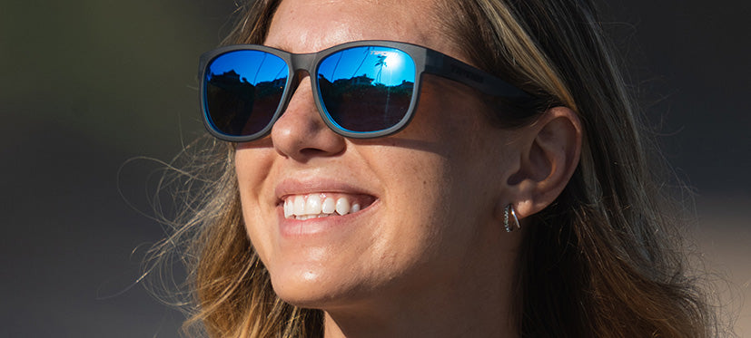 Female wearing Swank XL satin vapor with sky blue polarized lens