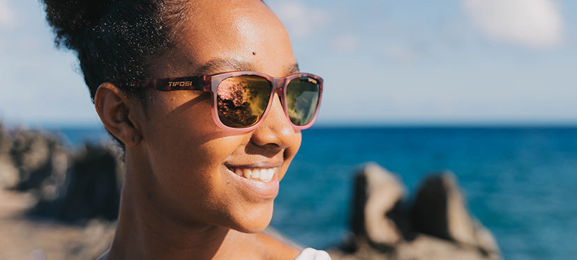 female wearing Swank XL pink tortoise