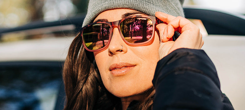 female wearing Swank XL pink tortoise