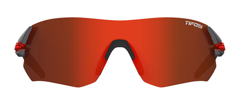 Front view of the Tsali Gunmetal Red model with Clarion Red lens.