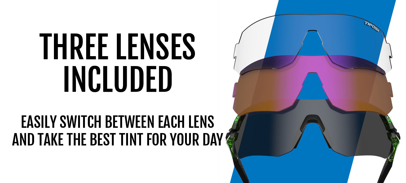 tsali crystal neon interchange image showing the clear, all-conditions red, and tinted lenses
