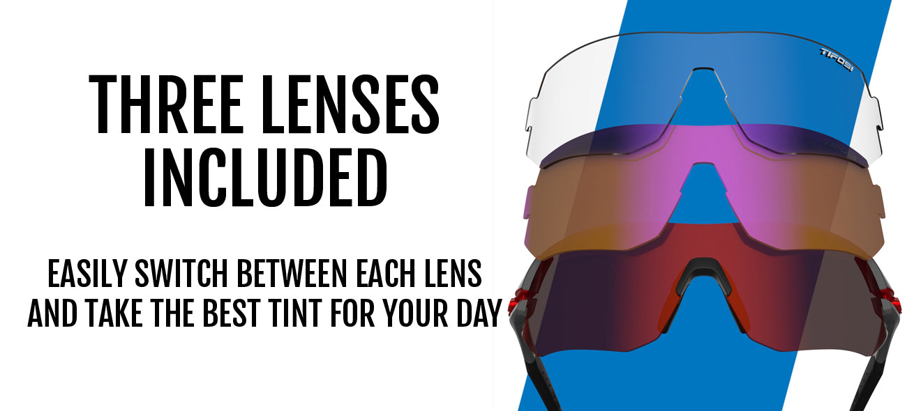 tsali gunmetal red interchange image showing the clear, all-conditions red, and tinted lenses