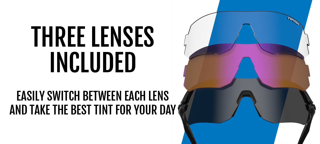 tsali matte black interchange image showing the clear, all-conditions red, and tinted lenses