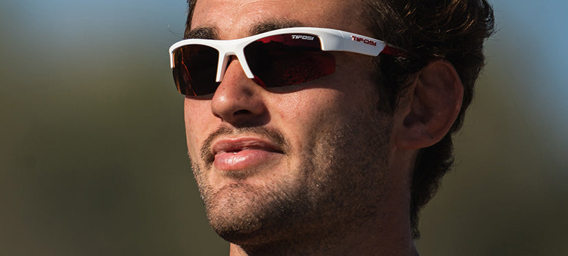 Male wearing Shutout sport sunglass in white/red