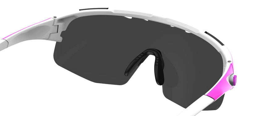 Sledge Lite sport sunglass in race pink with clarion blue lens back detail