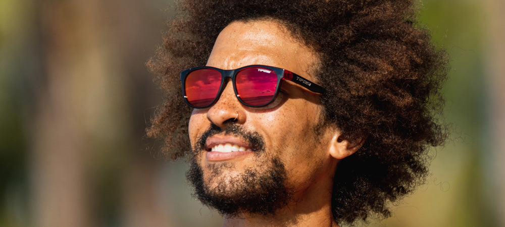 Male wearing Swank crimson onyx sunglasses