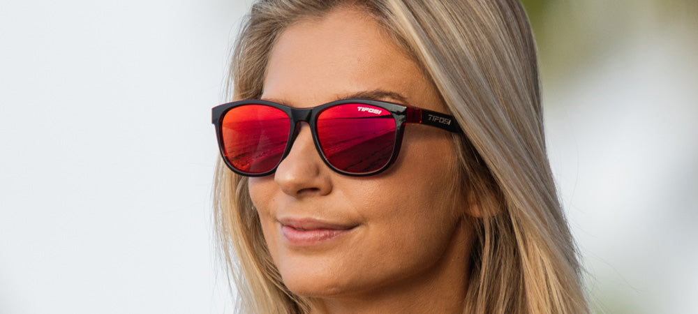 Female wearing Swank crimson onyx sunglasses