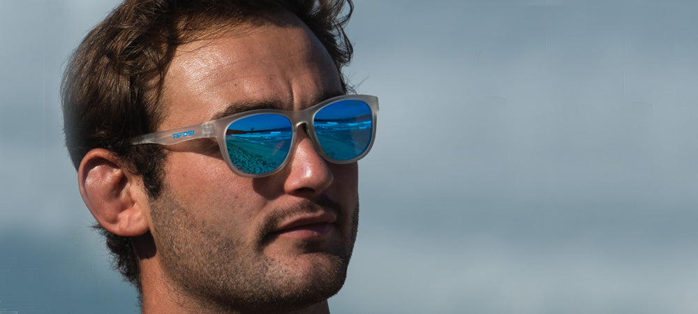 Male wearing Swank satin clear polarized sunglasses