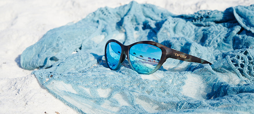 shirley matte blue tortoise on the beach