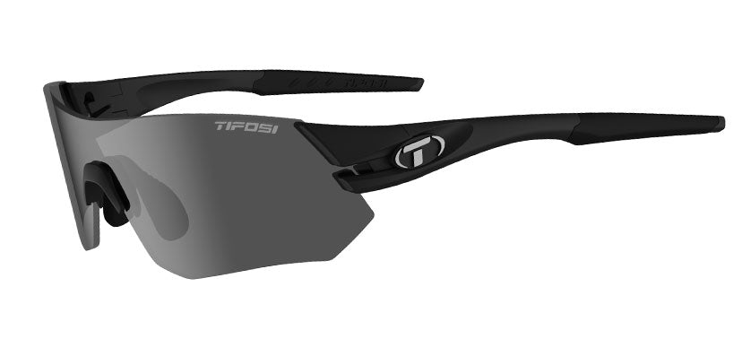 three-quarter view of the Tsali Matte Black interchangeable lens sunglass with Smoke lens