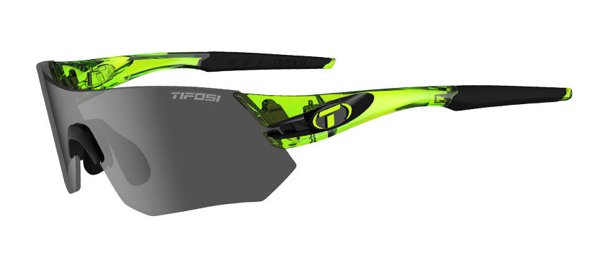 Three-quarter view of the Tsali Neon Green interchangeable sunglass with Smoke lens