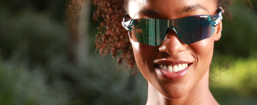Female wearing the Tsali Crystal Smoke with Clarion Blue lens