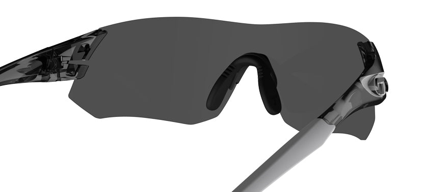 Rear view of the Tsali Crystal Smoke sunglass with Clarion Blue lens