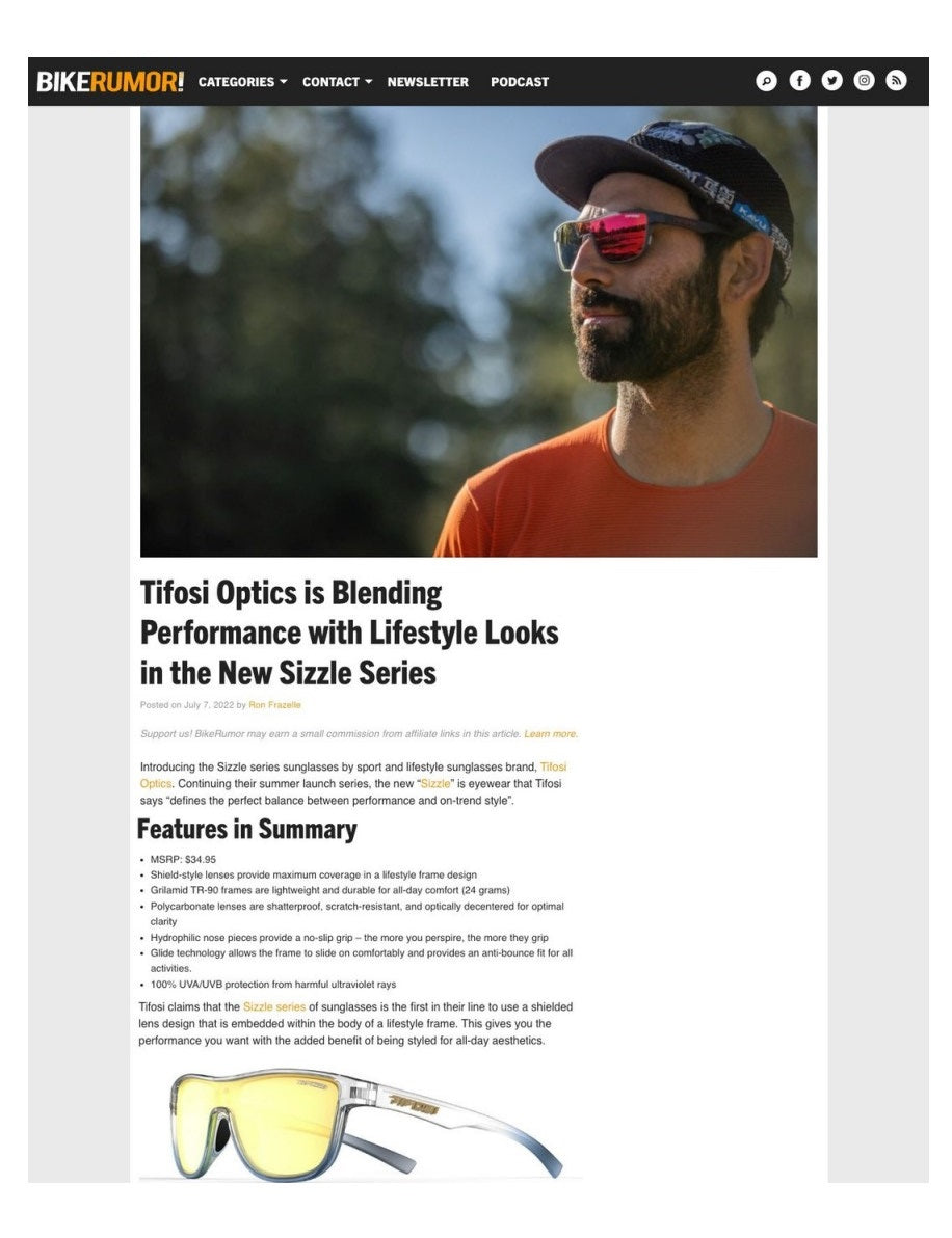 Tifosi Sizzle Sunglasses - Bike Rumor July 2022
