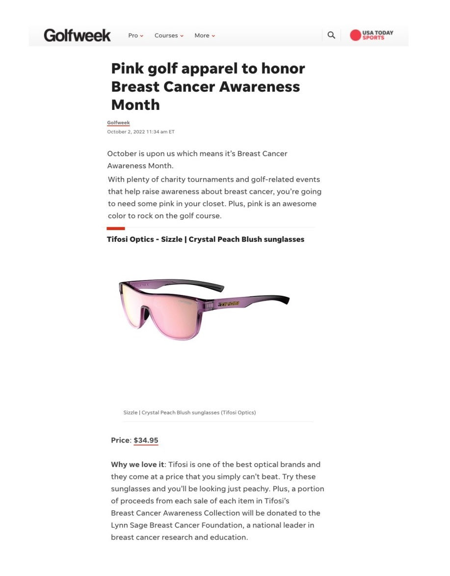Tifosi Breast Cancer Awareness Sunglasses Collection - Golfweek October 2022