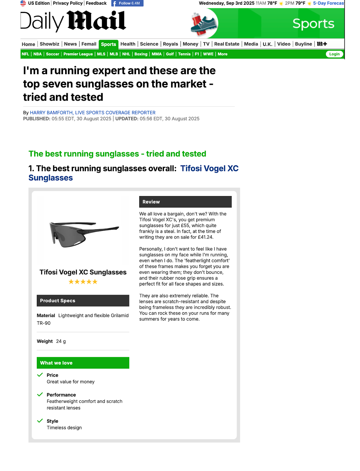 The Best Running Sunglass Overall: Vogel XC