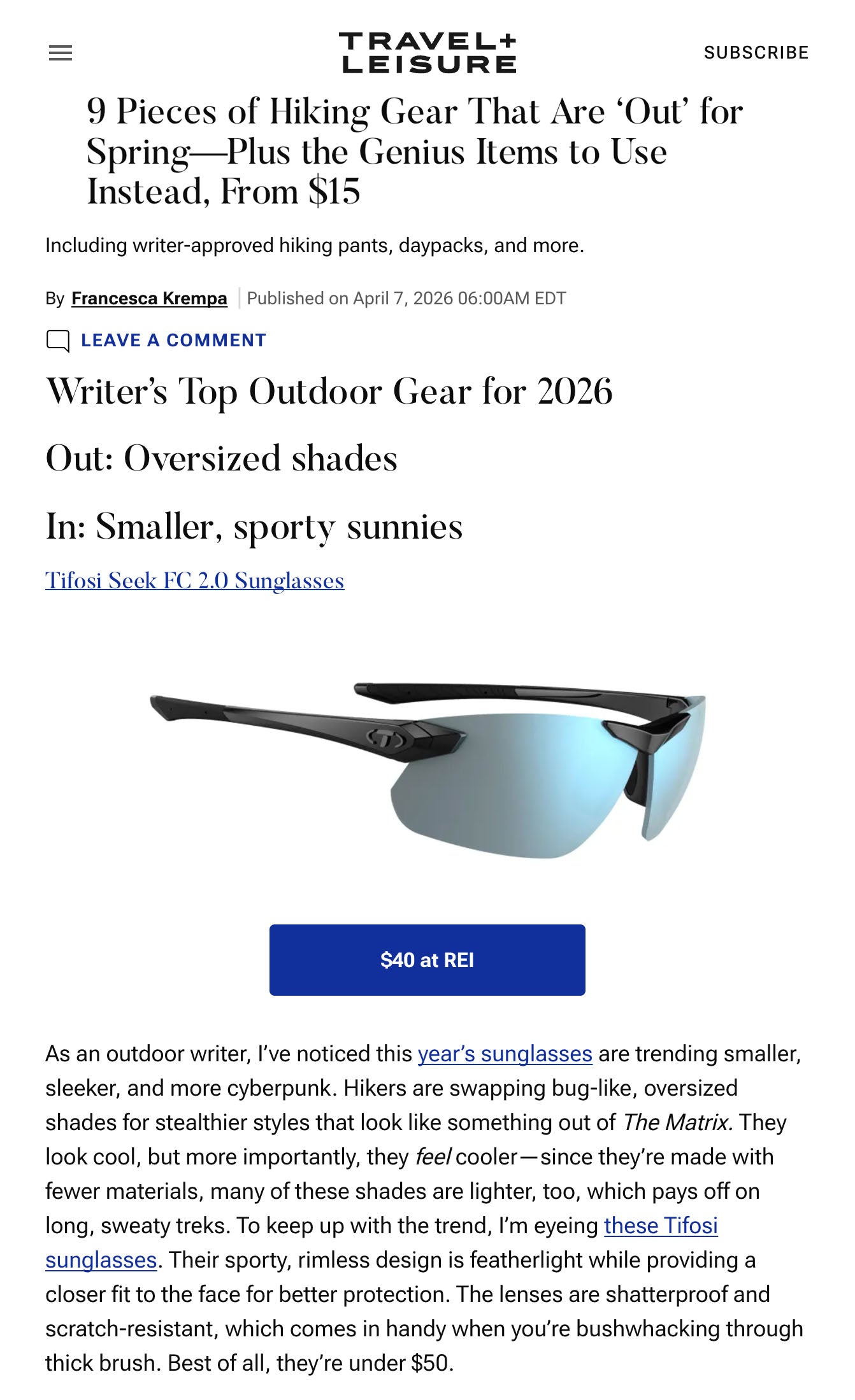 Travel + Leisure Says Smaller Sporty Tifosi Sunglasses Are In for Spring Hiking