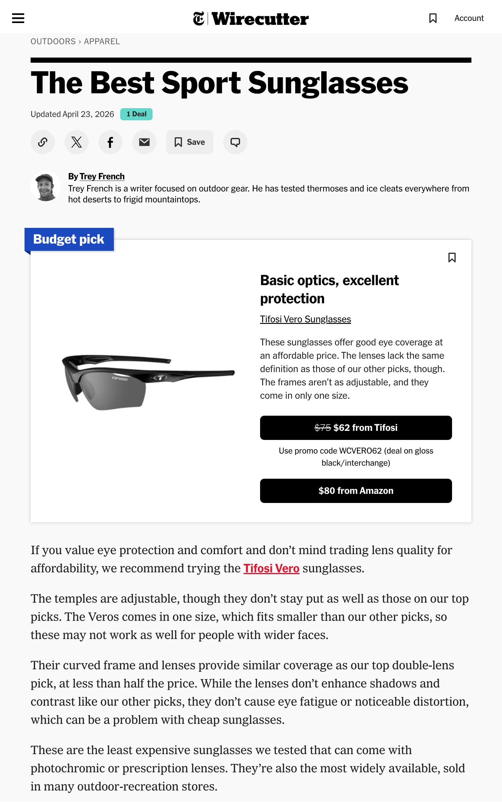 Wirecutter Names Tifosi Vero a Budget Pick for Sport Sunglasses