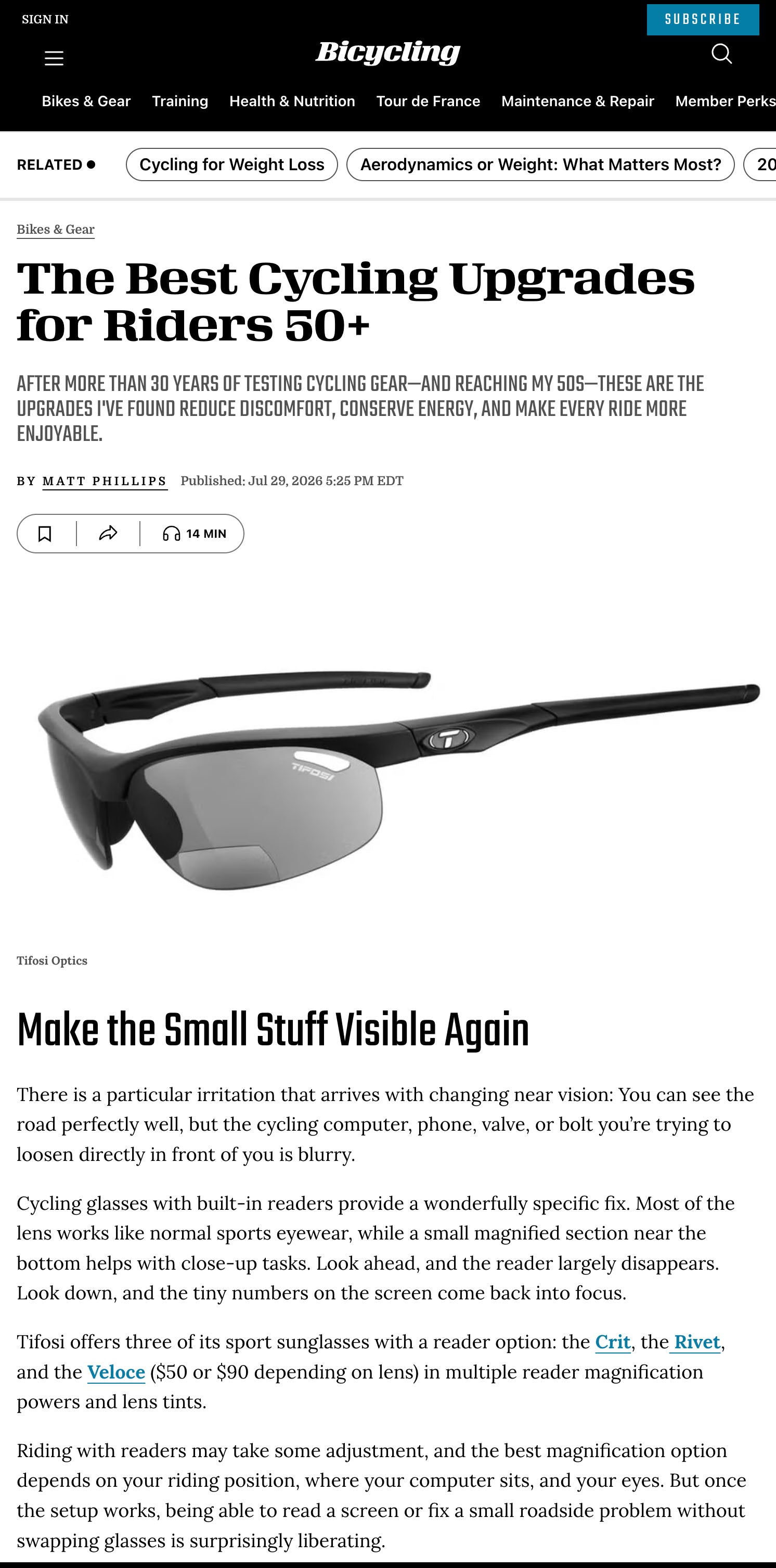 Bicycling Features Tifosi Readers for Riders 50 Plus