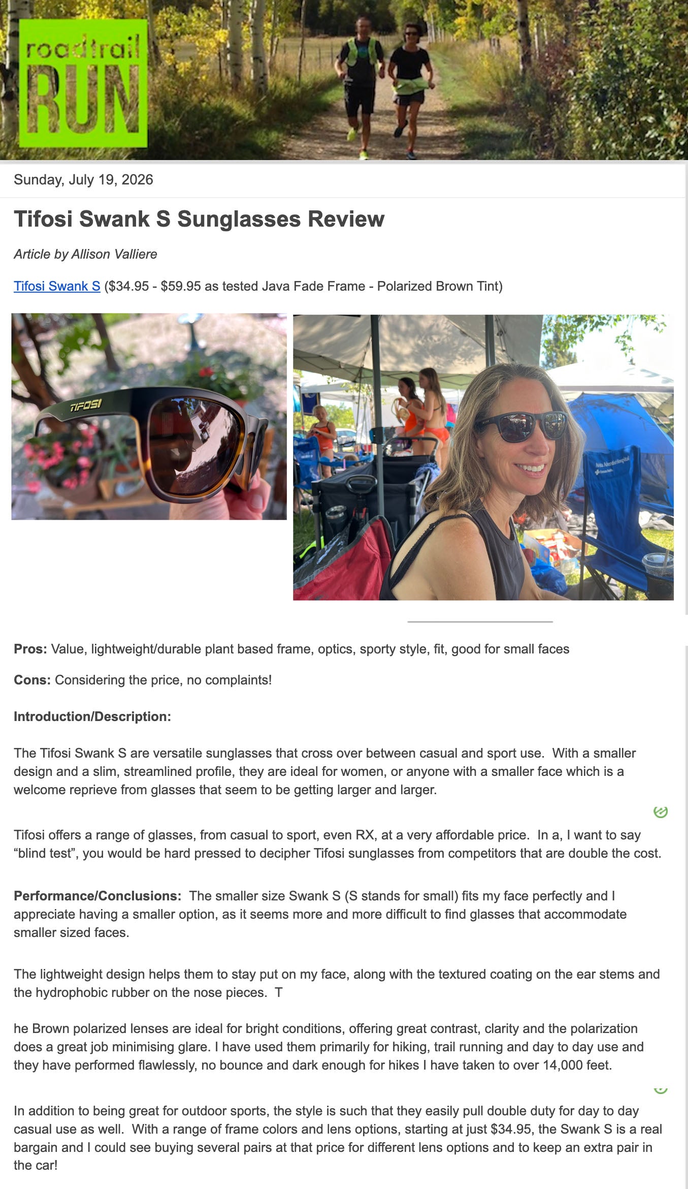 RoadTrailRun Reviews Tifosi Swank S for Smaller Faces