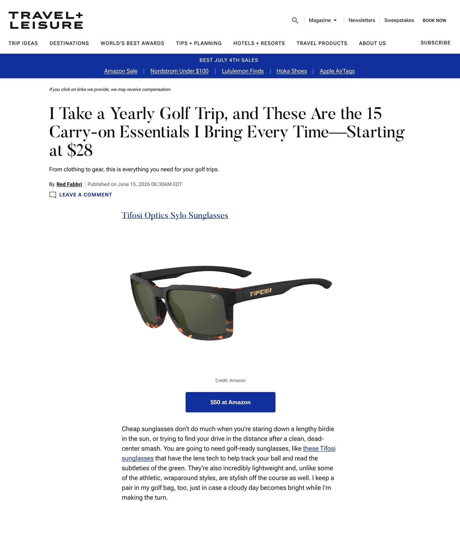 Travel + Leisure Includes Tifosi Sylo in Golf Trip Essentials