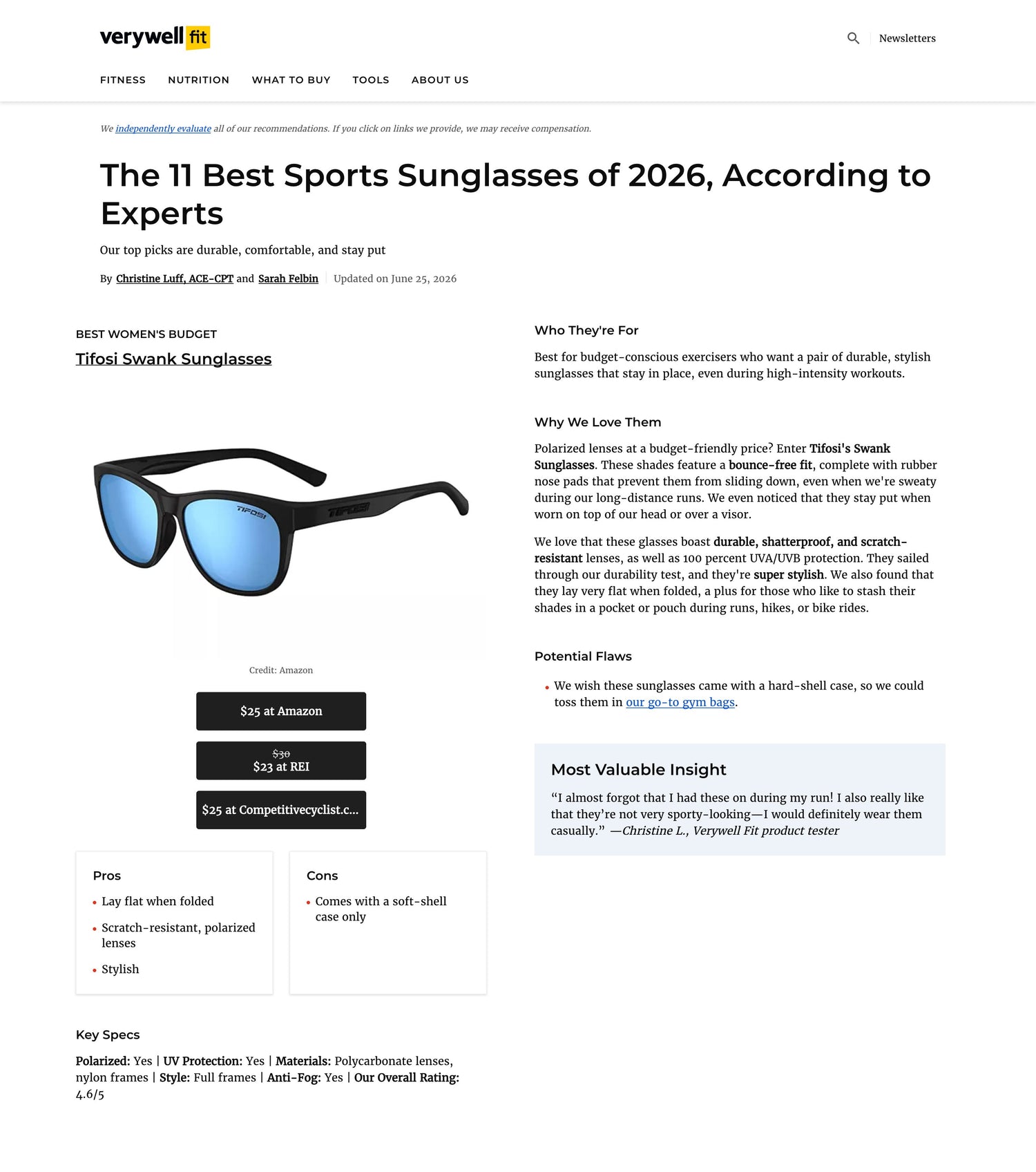 Verywell Fit Names Tifosi Swank a Best Women’s Budget Pick
