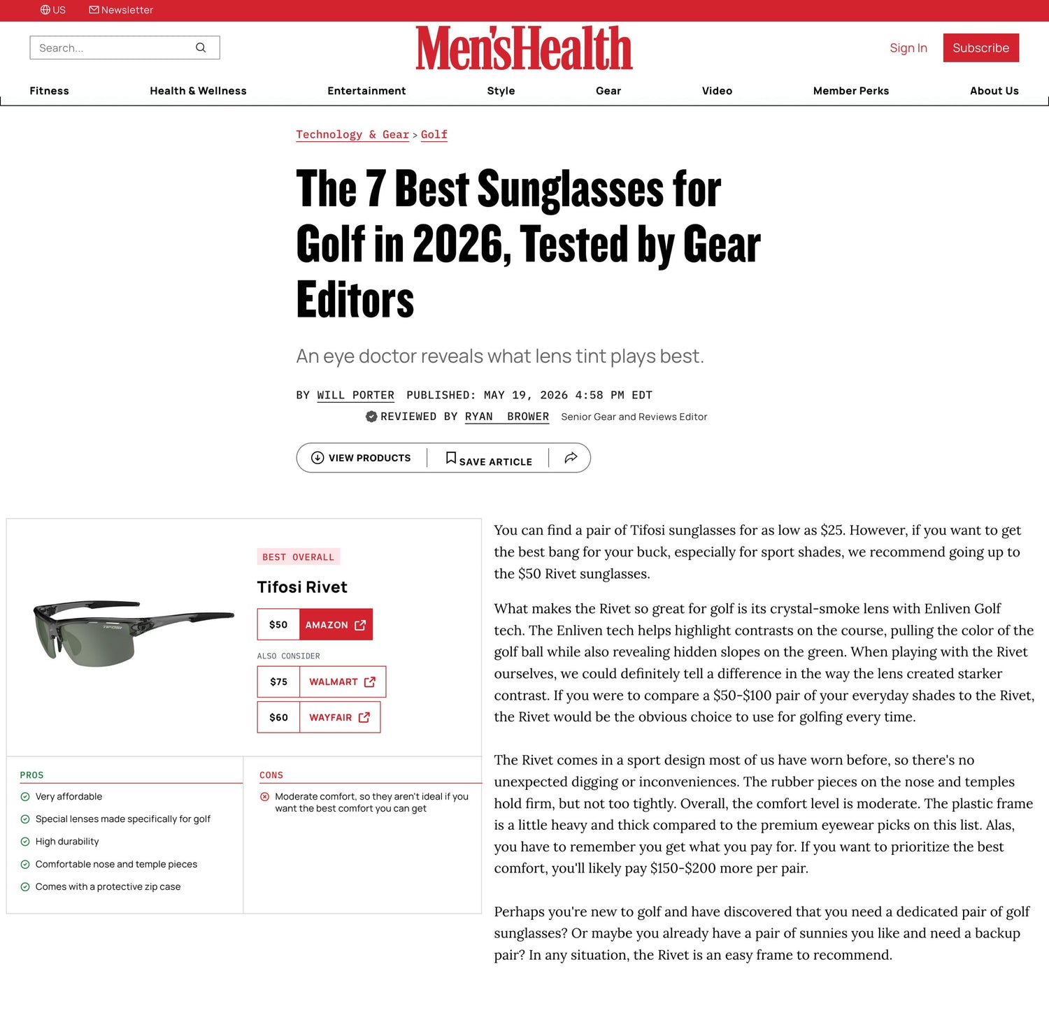 Men’s Health Names Tifosi Rivet Best Overall for Golf Sunglasses