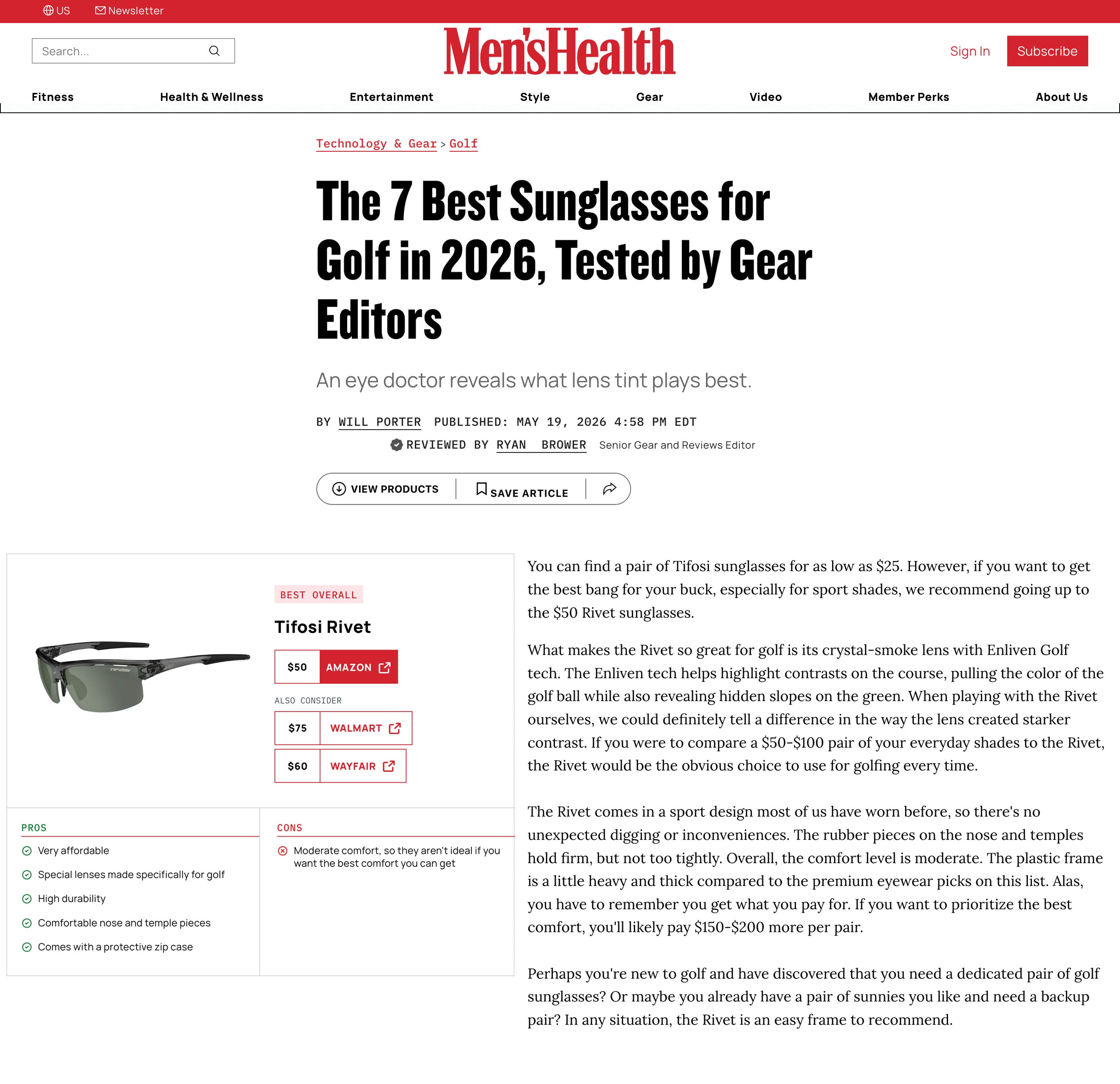 Men’s Health Names Tifosi Rivet Best Overall for Golf Sunglasses