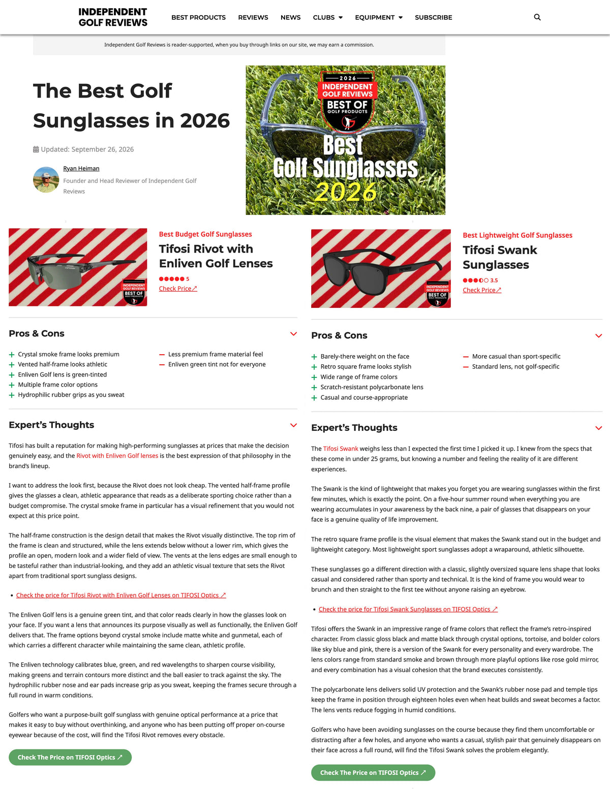 Independent Golf Reviews Names Tifosi Rivet and Swank in Best Golf Sunglasses Guide