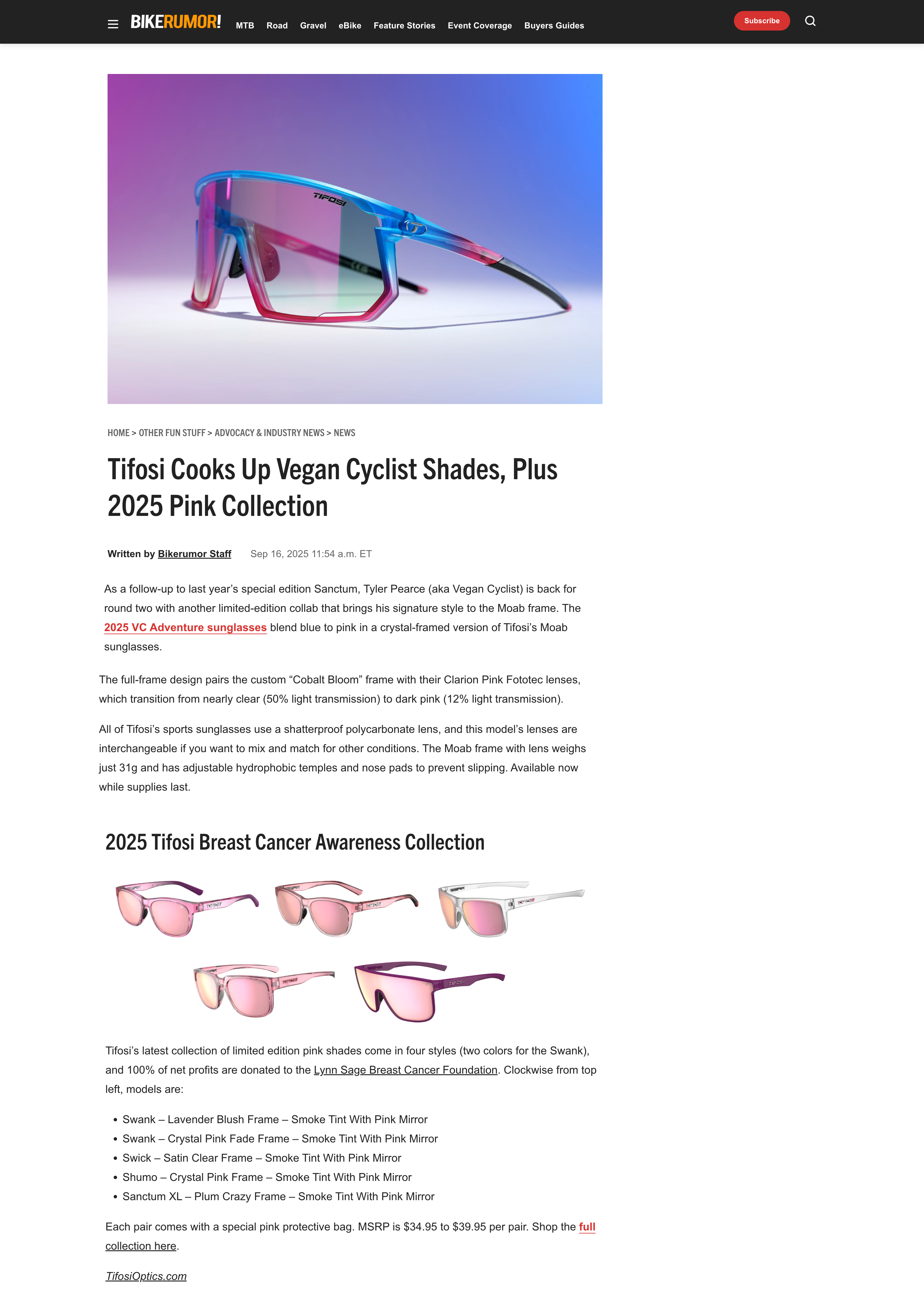 Tifosi Moab and Breast Cancer Awareness Collection
