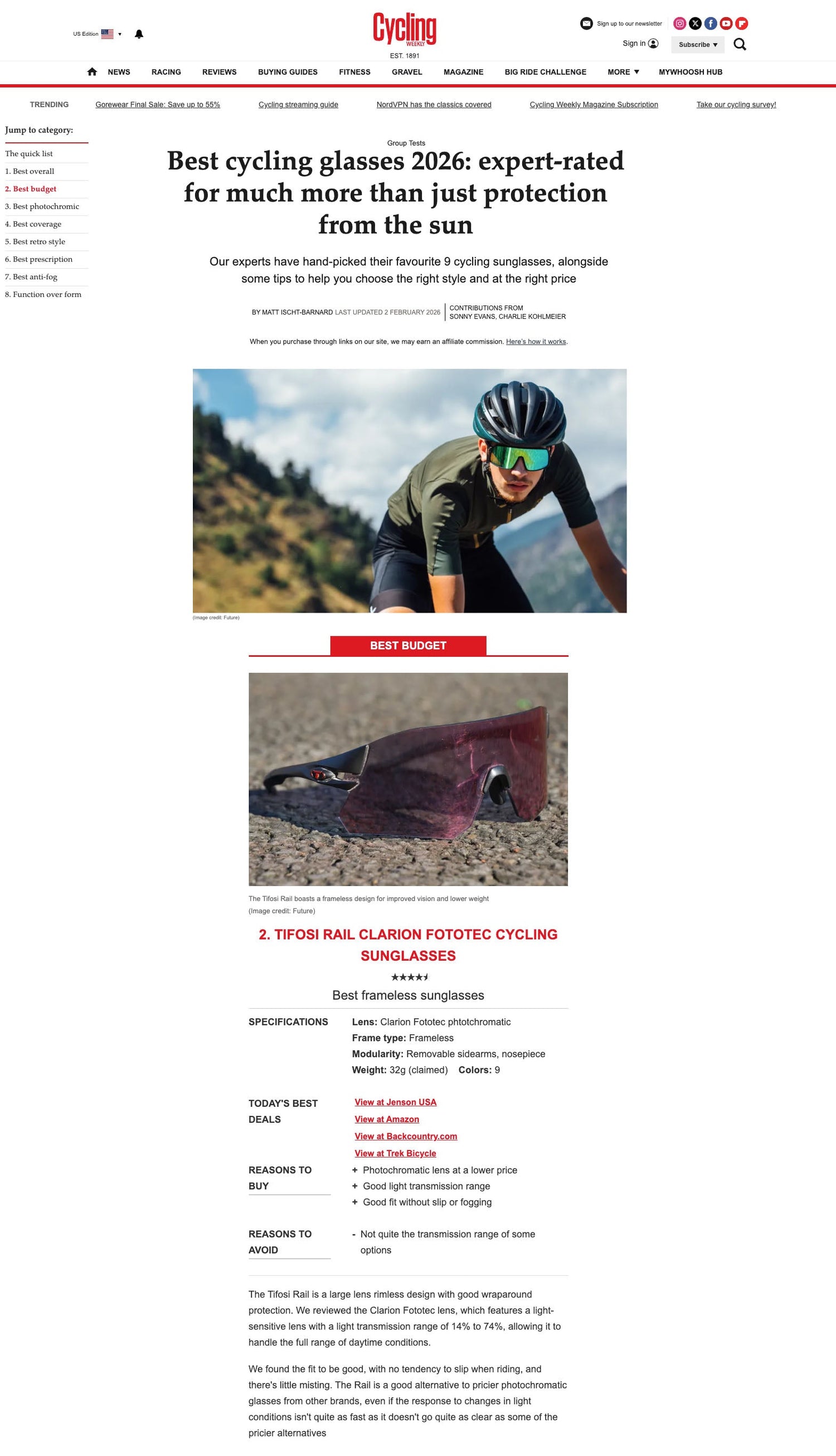 Cycling Weekly Calls Tifosi Rail Clarion Fototec the Best Budget Sunglasses