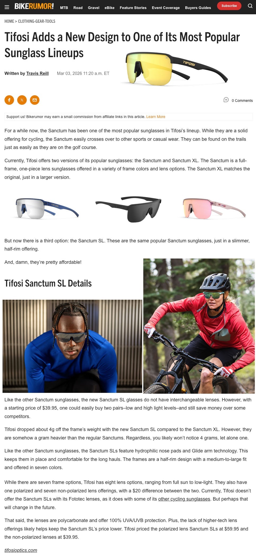 Bikerumor Covers the New Tifosi Sanctum SL Sunglasses