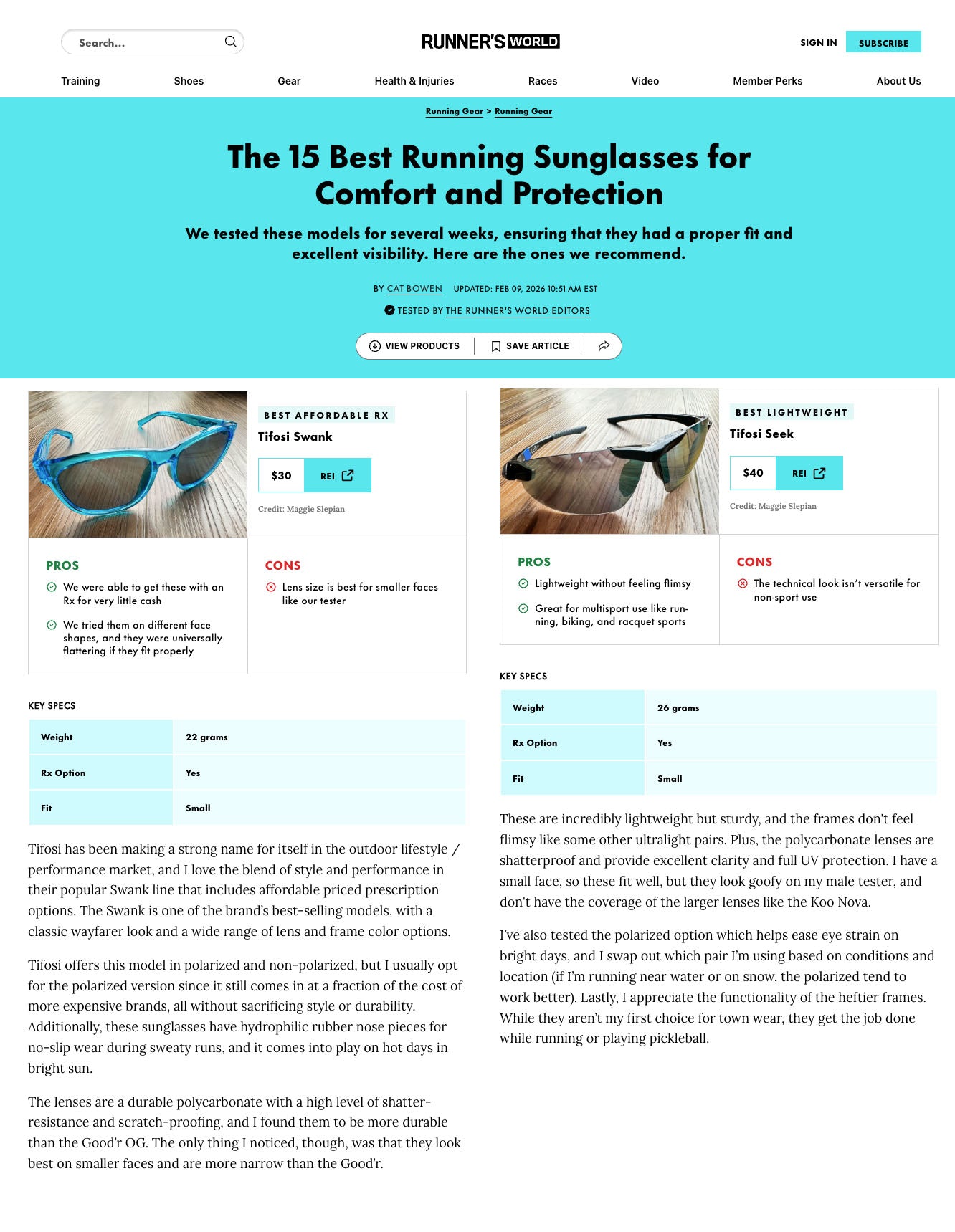 Runner’s World Names Tifosi Swank and Seek Among the Best Running Sunglasses of 2026