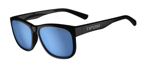 Swank XL gloss black with sky blue lens in 3 quarter view