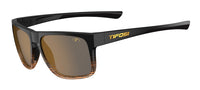 Black sunglasses with orange accents on a white background, featuring the Tifosi logo.