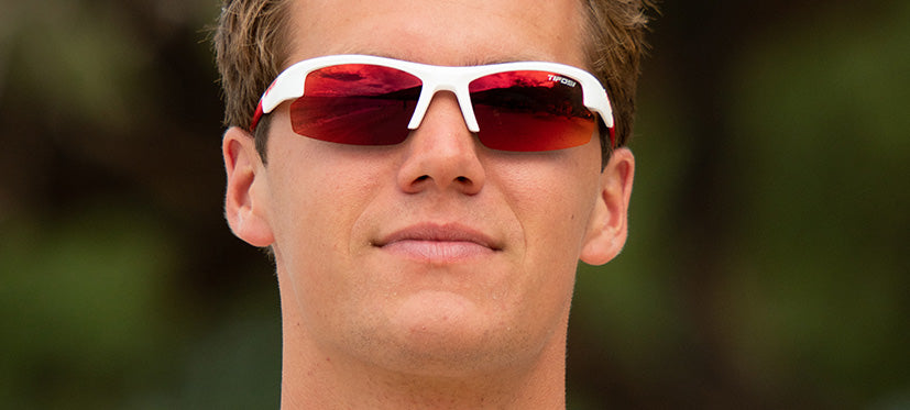 Male wearing Shutout sport sunglasses in white/red